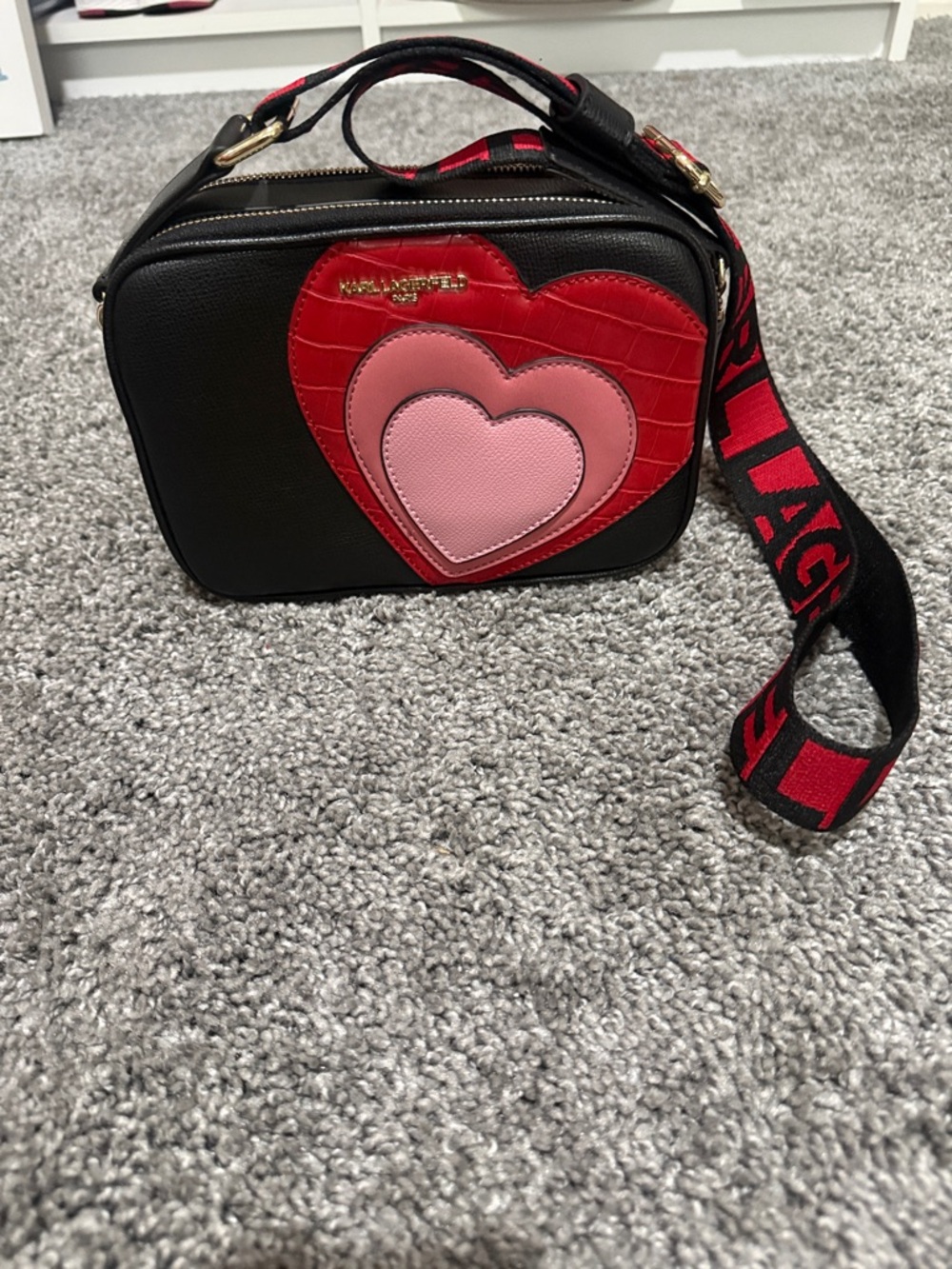 Karl Lagerfeld Black Crossbody with Red and Pink Heart Appliqués